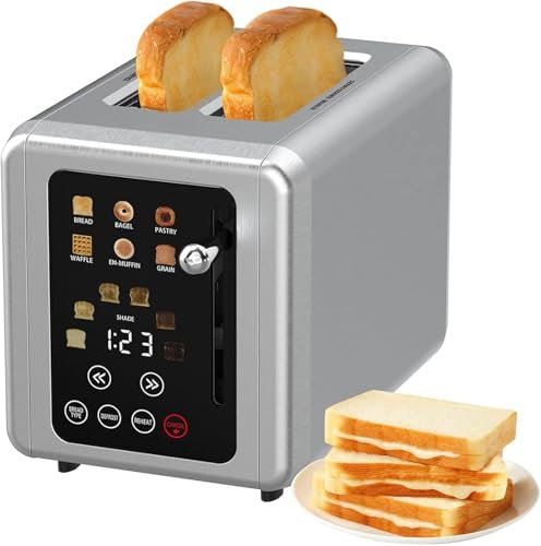 2-Slices Touchscreen Smart Toaster, Stainless Steel Toaster with Sound Function and Digital Timer, 6 Bread Types and 6 Shade Settings