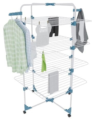 Stendibiancheria Da Pavimento Con Rotelle Stendino A Torre Verticale In Acciaio Con 4 Ripini e 2 Appendi Grucce Pieghevole Salvaspazio Per Biancheria Lenzuola Panni 168.5 x 71 x 71 Cm (Bianco E Blu)