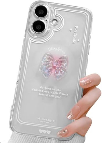 BNREOZA 1 Stück Cute 3D Pink Bow Case, Transparentes Ästhetisches Design Phone Case, Camera Lens Full Cover Case, Glitter Bow Compatible iPhone 16 Case