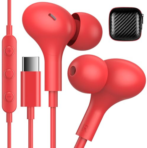USB C Headphones for Apple iPhone 16 Pro Max 15 Plus Small Magnetic Ear Buds Type C Earbud Wired Corded Earphones Microphone for Google Pixel 9 8 7 Samsung Galaxy S25 S24 S23 S22 Ultra Android Red