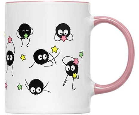 Willow Gifts Soot Sprites Wrap Coffee Cup Mug Anime Manga Film Studio Susuwatari Neighbor Spirits Present Gift Heavy Duty Ceramic Handle Present Gift (Pink Handle)