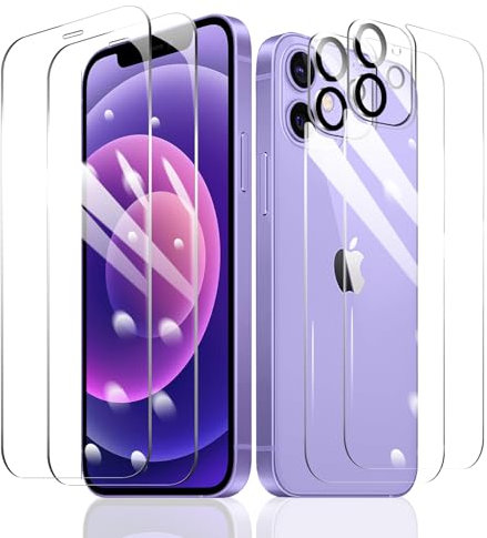 Fylnatc 2 Stück Schutzfolie für iPhone 12 + 2 Stück Kameraschutz + 2 Stück Rückseite Schutzfolie mit einfachem Befestigungswerkzeug, Panzer Schutz Glas, Display Schutzfolie aus gehärtetem Glas