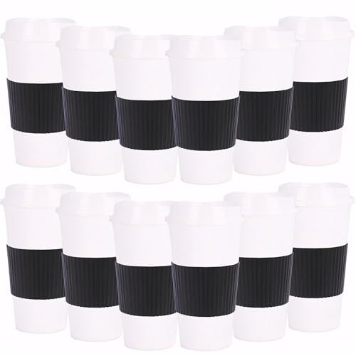 Yisituo Plastic Coffee Cups with Lids, 12 Pack 480ml Reusable Tumblers for Adults, for Hot & Cold Drinks, Microwaveable Travel Mugs (12, White)
