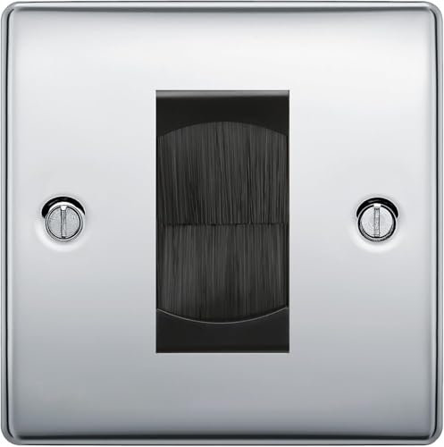 BG Polished Chrome Single 1 Gang Brush Cable Entry Wall Plate Black