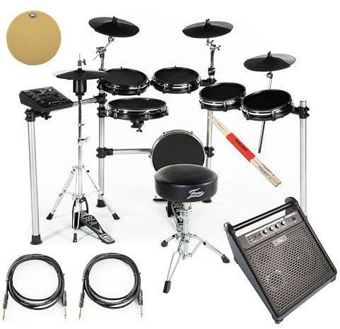 Fame E-Drum Set DD-One XT mit 29 Drumkits, 554 Sounds, Recording Funktion, USB Song Player, 6 Fader, 12 Snare/Bass Drum, 10 Tom-Tom, HiHat, Metronom, EQ, inkl. Hocker, Sticks, Kabel, Pad, Monitor
