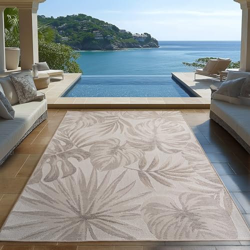 Carpetsale24 Outdoor Teppich Beige 140x200 cm, Wetterfest & UV-beständig, ideal für Küche, Balkon, Terrasse, Garten auch Wohnzimmer und Esszimmer, Palmblätter-Design, Leicht zu Reinigen