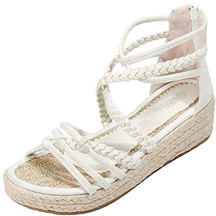 Tongs Lin pour Femmes, Chaussures à Plateforme à Lacets, Chaussures compensées Paille tissée à Semelle épaisse, Sandales Romaines