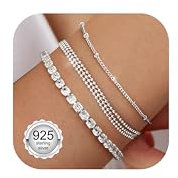 CASSIECA 3Pcs Armband Damen 925 Sterling Silber Armbänder Silver 925 Tennis Perlen Armband Set Verstellbare Stapelbare Kettenarmband Schmuck für Damen Mädchen