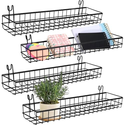 4 Pcs 15.75 x 3.94 x 1.97 Inch Metal Grid Wall Baskets with Hooks Grid Wall Shelves Hanging Wire Basket Multi Function Storage Organizer for Kitchen Organizing Display (Black)