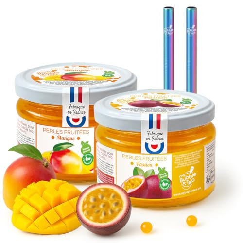 Bubble Tea Maison – Duo Perles Fruitées Mangue & Passion – Made in France – Vegan – Sans Colorant – 2 Pailles Réutilisables Rainbow - 12 boissons