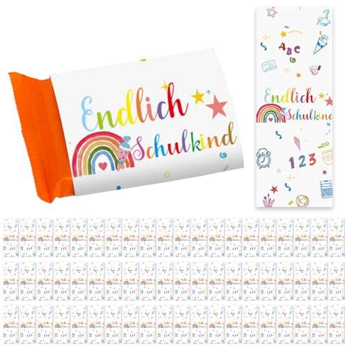 60 Schokoladenbanderole Schulanfang, Pralinenaufkleber, Endlich Schulkind 2025, Selbstklebend Sticker Regenbogen Einschulungsparty, Einschulungsgeschenke Schultüte Mädchen