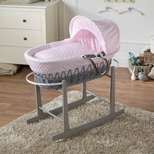 For Your Little One Wicker Moses Basket with Rocking Stand, 83 x 49 cm, Hand-woven Natural, Hypoallergenic Mattress Grey Wicker/Dimple Pattern (Pink)