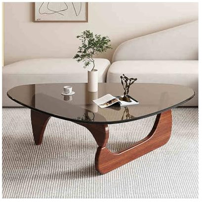 Unregelmäßiger dreieckiger Couchtisch aus Glas niedriges Profil gehärtet mit Beinen aus Massivholz für Wohnzimmer und Schlafzimmer brauner Nussbaum große Größe