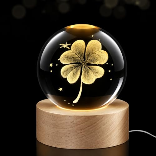 3D Kristallkugel Nachtlicht,60mm Vierblättriges Glücksbringer Kristallkugel | Glaskugel Lampe Deko mit Holzsockel, Weihnachtsgeschenke Nachtlicht für Kinder zur Taufe, Geburtstag