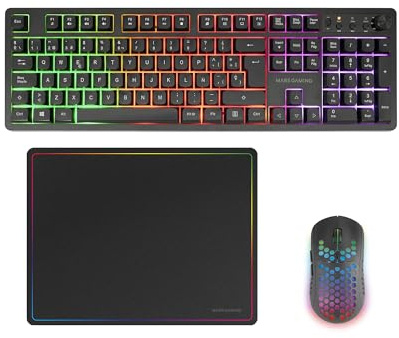 Mars Gaming MCPWX, Combo Gaming sans Fil, Technologie DualPro Link 2.4GPRO, Clavier Complet FRGB avec Contrôle Multimédia + Souris RGB 3200DPI + Tapis Antidérapant 360x260mm, Noir, Espagnol