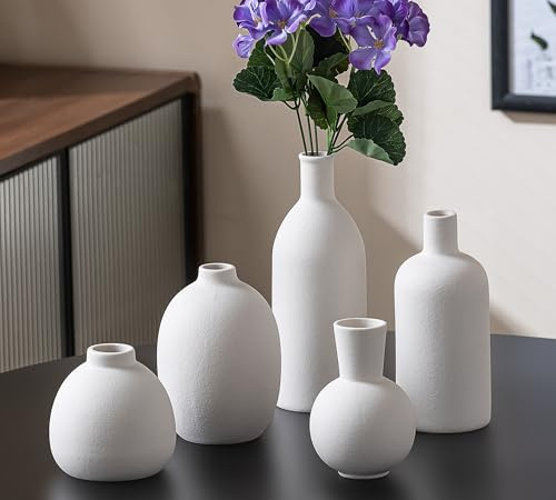 VASETOPIA Weiß Vasen Keramik 5 Stück, Kleine Blumenvasen Set für Dekor, Minimalistisch Vase Home Decor für Pampas Grass, Wohnzimmer, Esszimmer (10 Weiß)