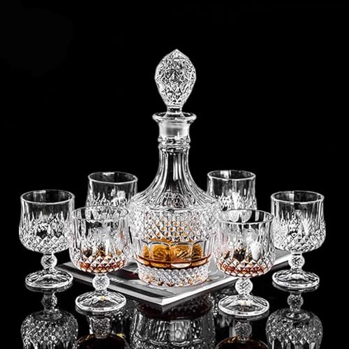 Bourbon Clear Whiskey Decanter，Hand painted Liquor Decanter Glasses Set, Crystal Design Decanter and 6 Glasses，Bourbon Scotch Vodka Wine，tequila，Home bar ，Brandy， Gifts for men