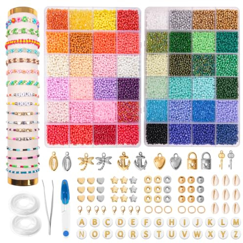 OIOYCLG 3mm16200 Stück DIY Perlen für Armbänder Perlen Set, 48 Farbe mit Buchstabenperlen und Anhänger Glasperlen zum Auffädeln, Geschenkidee für Weihnachten Feiertage Geburtstage Belohnungen