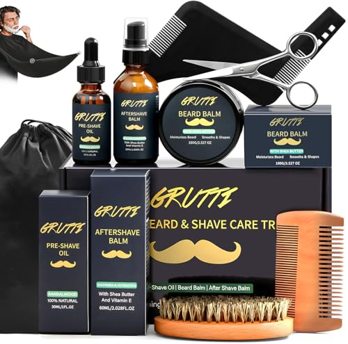 Bartpflege-Set für Herren mit Vorrasuröl, Bartbalsam, After-Shave-Creme, Bartbürste, Kamm, Schere, Stylingkamm, Schal und Aufbewahrungstasche – Geschenkset für Ihn, Papa und Ehemann; Vatertag