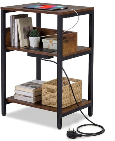 COSTWAY Side Table with Charging Station, 3-Tier Industrial Nightstand Bedside Table with Open Storage Shelves, Metal Frame Rustic Wooden Sofa End Tables for Living Room Bedroom, 40x30x61cm (1)