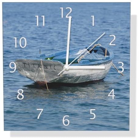 Wallario Design Wanduhr Kleines Ruderboot aus Aluverbund, Alu-Uhr Größe 30 x 30 cm, weiße Zeiger mit Metalloptik