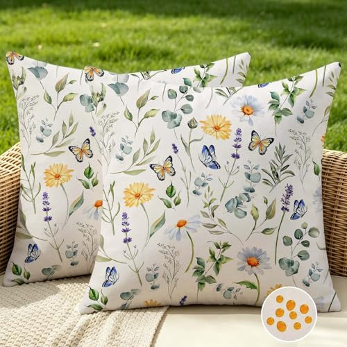 Cozslum Outdoor Kissen Kissenbezug 40x40 Wasserfest Frühling Sommer Blumen Kissenbezüge Eukalyptus Gänseblümchen Lavendel Schmetterling Rustikales Bauernhaus Sofakissen Dekokissen Kissenhülle 2er Set