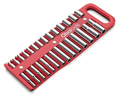 Olsa Tools Portable Magnetic Socket Organizer Tray | 3/8-inch Drive | Red | Fits Deep & Shallow Sockets | Holds sockets up to 1” SAE / 24mm Metric | Professional Grade
