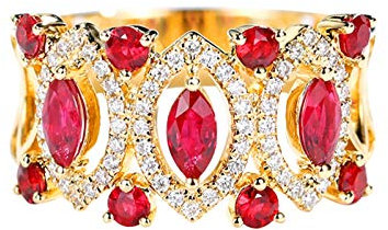 Daesar Bague Or Jaune Moderne 18K, Bague Fiançailles Femme 0.9ct Bague Creux Yeux Rubis Rouge Forme Marquise Bague de Fiancaille Diamant Bague Fiancaille Mariage Or Bague Taille 64