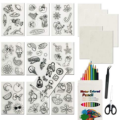 Woohome 49 Stück Schrumpffolien Schrumpffolienplatten, 14 Stück Schrumpffolien Platte mit Ketten, Bleistiften, Scheren und Pinzetten für Erwachsene Kids Creative Craft (Junge)