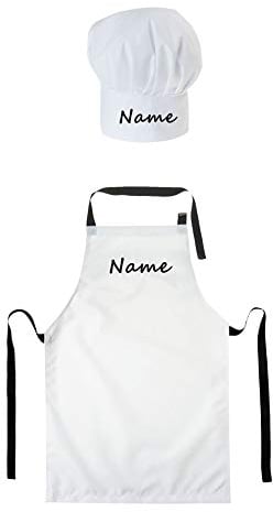 Gorro Cocinero + Delantal de cocina para niños de niño Bebé de Cocina ajustable con velcro Gorro de Chef con nombre/con texto Blanco [099]