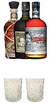 Rum Dreier Set: Botucal 12 Years, Plantation XO und Don Papa 0,7 Liter + Rum Glas 1 Stück + Rum Glas 1 Stück