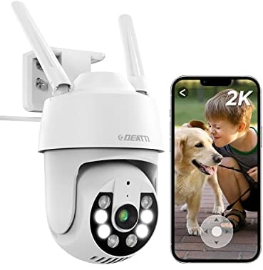DEATTI Camara de Vigilancia WiFi Exterior, 2K Cámara IP PTZ para Exterior, CloudEdge App, Audio Bidireccional, Detector de Movimiento, Visión Nocturna, IP66, Soporta Tarjeta SD de 128G (No Incluido)