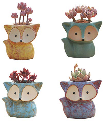 Lot de 4 pots de fleurs en céramique en forme de renard avec un trou pour décoration de maison et de bureau