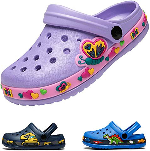 DRECAGE Unisex Kinder Clogs Pantoffeln Dinosaurier Gr.24-30 EU, Eva Gartenclogs Gummi Badeschuhe Hausschuhe für Jungen Mädchen 27 EU Violett