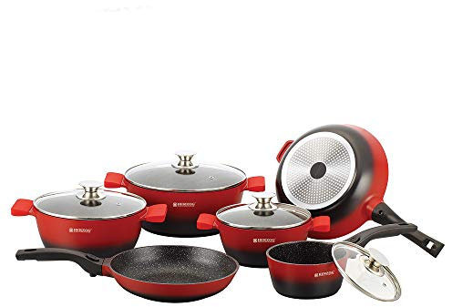Herzog Kochgeschirr-Set mit Steinbeschichtung, 16-teilig, Bordeauxrot, HRST16M-RED HRST16M-RED-Set, Komplettset, einfache Reinigung, multifunktional, Deckel aus gehärtetem Glas, ohne PFOA