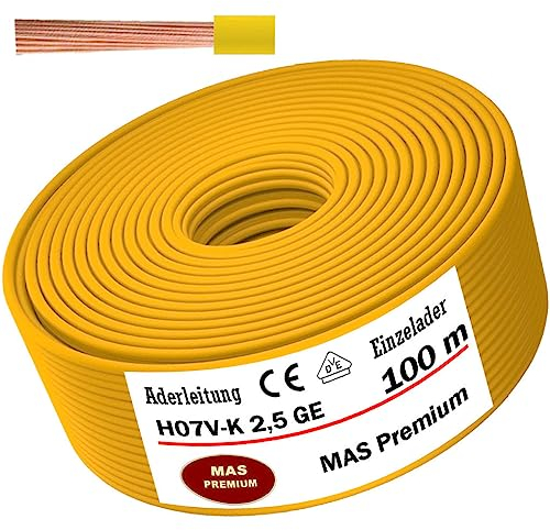 MAS Premium Aderleitung H07 V-K 1x2,5 mm² HBL GRGE RT DBL BR OR GR WS VIO oder GE Einzelader flexibel Von 5 bis 100m (Gelb, 100m)