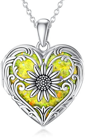 SOULMEET Sterling Silber Medaillon Halskette, die Bild Fotos personalisierte Herz Sonnenblumen Anhänger Halskette hält mit Gelber Opal