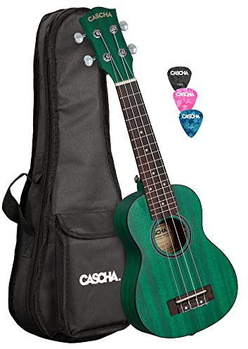 CASCHA Sopran Linkshänder Ukulele Aquamarine Mahagoni I Starter Kit 3 farbige Plektren Tasche Gigbag I Premium I Kleine Hawaii Gitarre für Anfänger Fortgeschrittene
