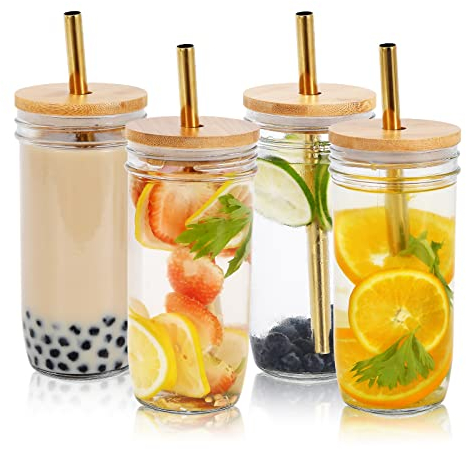 Bubble Tea Cups 4 Pack 24 oz, Reusable Wide Mason Mouth Smoothie Cups, Iced Coffee Cups With Bamboo Lids and Silver Straws Mason Jar Drinking Glasses Cups, Travel Glass Drinking Bottle