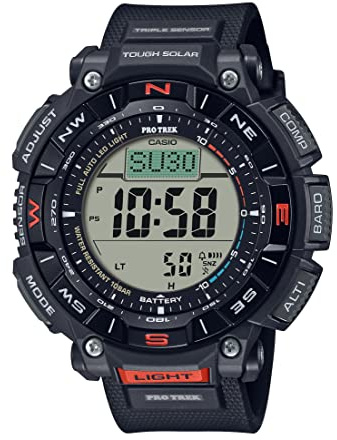 Casio PRG340 Series | Pro Trek | 100 Meter Water Resistance | Compass | Alt/Baro-Thermo | Tough Solar Power | 1-100 SEC Stopwatch | Countdown Timer | World Time, Black, PRG-340-1CR