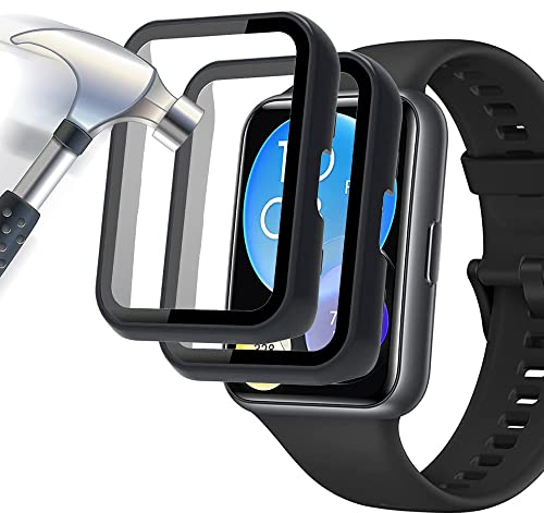 Acadeny 2-Stück Hülle Mit Gehärtetes Glas Displayschutz Kompatibles für Huawei watch fit 2,9H Härte 360° Rundum Schutzhülle Ultradünne Schutz PC Case Cover,schwarz+ schwarz