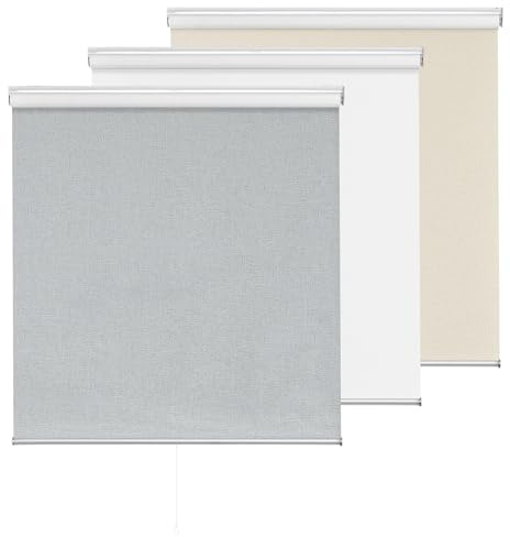 ChrisDowa Cordless 100% Blackout Roller Shade, with Striped Jacquard, Thermal Insulated, UV Protection Fabric, Total Blackout Blinds for Window, French Doors, Home and Office. Light Grey, 32W X 72H