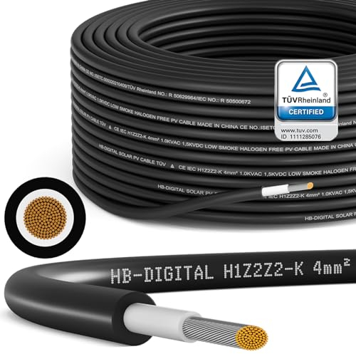 hb-digital 40m Solarkabel H1Z2Z2-K TÜV-zertifiziert 4mm2 UV-beständig flexibel PV Kabel Reines Kupfer 1500V Verlängerungskabel Photovoltaik für Solarpanel Wechselrichter Laderegler schwarz