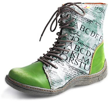 TMA EYES Damen Leder Stiefeletten Schnürung Patchwork Brief Druck Lederstiefel für Frauen, Grün , 38.5 EU
