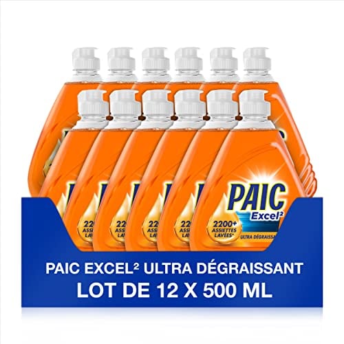 PAIC - Liquide Vaisselle main Paic - Paic Excel² Dégraissant - Formule Active à Froid - Ultra-Dégraissant - 12 x 500 ml