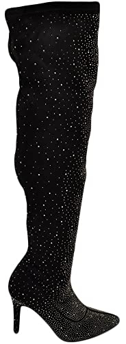 Stivale Donna a Punta Alto sopra al Ginocchio camoscio Nero ricoperto di Strass Tacco a Spillo 12 cm Aderente con Zip (38 EU)