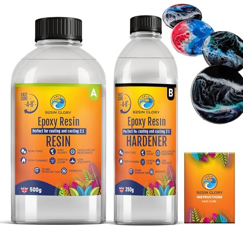 Resin Glory 750g 4h Fast Cure Epoxy Resin Kit - Crystal Clear, Food Safe, UV Stable for Crafts, Jewellery, Wood, Coasters, Mould Casting - Low Viscosity, Self-Levelling for Beginners & Pros