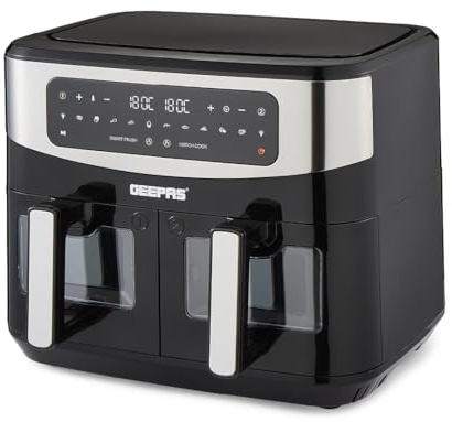 GEEPAS Dual Zone Digital Air Fryer with Visual Window | 9L XL Capacity 2 Drawers 10-In-1 Cooking Presets | Touch Screen Smart Finish Timer Function Dishwasher-Safe Healthy Oil Free & Low Fat Cooking