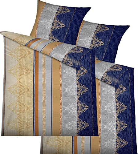 KH-Haushaltshandel 4-TLG. Seersucker Bettwäsche 2X 135x200 +80x80cm, blau beige Ocker, Streifen, bügelfrei, Microfaser(W415460)