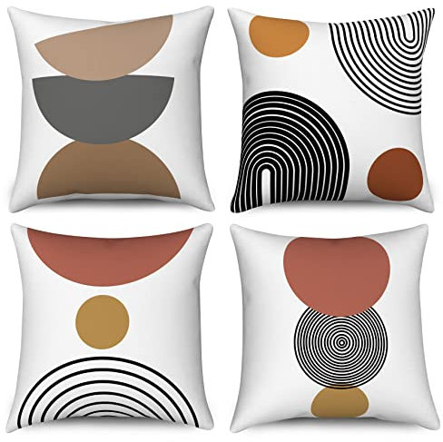 Kissenbezug Boho 50x50 4er Set, Hnmdmyi Mid Century Abstrakte Geometrische Kreis Streifen Dekorative Kissenbezüge Modern Minimalistisch Leinen Kissenhülle für Sofa Couch Bett Garten Outdoor Home Decor